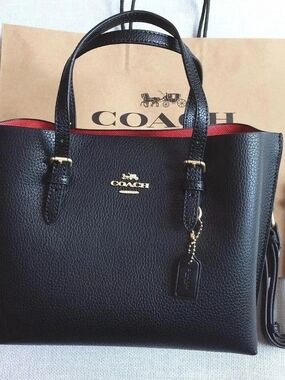 Coach Black Mollie Pebbled Leather Tote with Red Interior Trim NWT